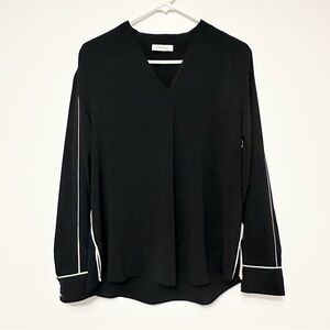 Calvin Klein Black and White Long Sleeve Relaxed Blouse with Gold Button Cuffs
